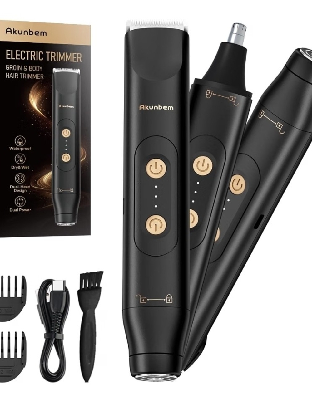 Akunbem Rechargeable Groin & Body Hair Trimmer, IPX7 Waterproof, Wet & Dry Use